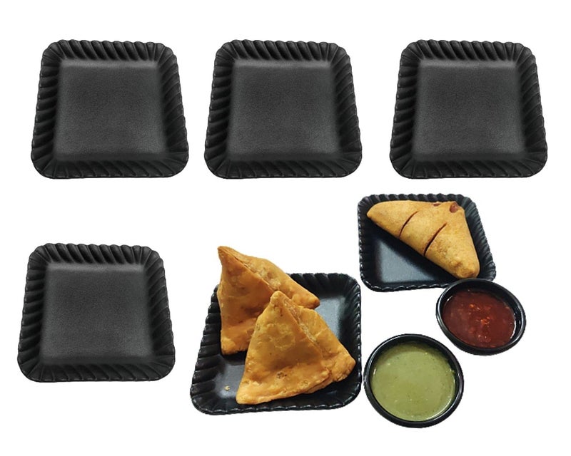 DECOR VIBES 6 Melamine Platter with 2 Dip Bowl for Spring Rolls, French Fries, Momos, Paneer Tikka, Unbreakable Snacks Serving Platters/Tray (Square, Matt Black Combo Pack of 8)