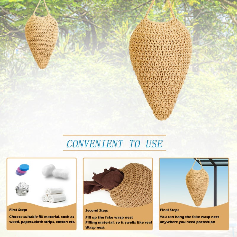 WBCBEC 3 Pack Large Crochet Wasp Nest Decoys, Faux Wasp Nest Deterrent for Outdoor Hanging for Wasps Hornets, Hornets Nest Decoy Decoration for Patio and Eaves, Beige - Image 3