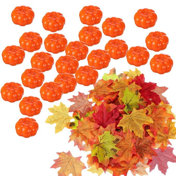 24 PCS MINI PUMPKINS FOR CRAFTS WITH 100 FAUX MAPLE LEAVES THANKSGIVING SMALL PUMPKIN DECOR ARTIFICIAL FAKE TINY ORANGE PUMPKINS FOR DECORATING BULK FOR FALL THANKSGIVING TABLE CENTERPIECES