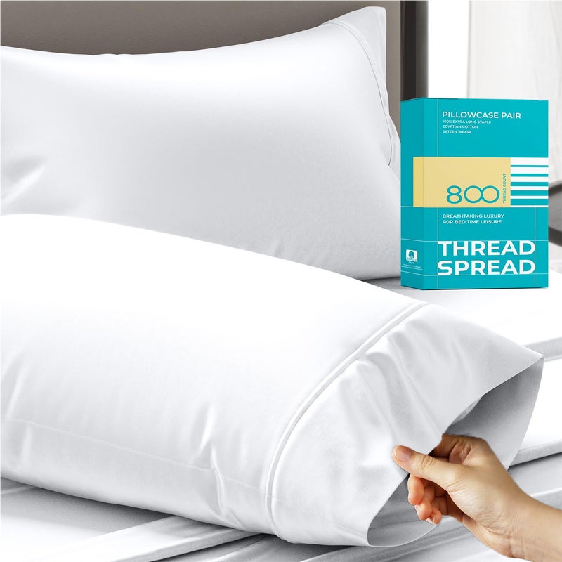 Thread Spread 800 Thread Count 100 Egyptian Cotton Queen Size Pillowcase Set of 2 Bright White Sateen Weave