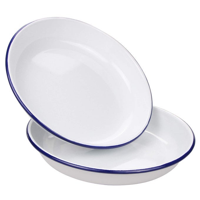 95 INCH ENAMEL PLATES 2 PACK SALAD PASTA BOWLS ENAMELWARE DINNER PLATES WHITE BODY WITH BLUE RIM SERVING TRAYS FOR DINNER OUTDOOR PICNIC BBQ BUTTER