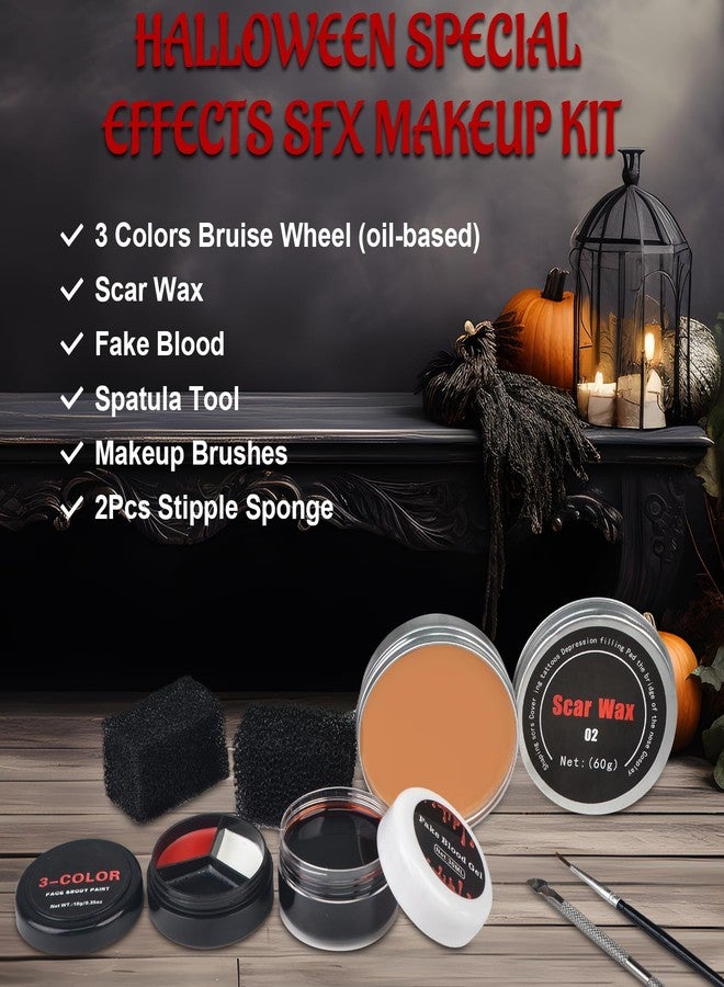 succulentlovers 7PCS Halloween SFX Special Effects Makeup Kit, SFX Makeup Kit Include 3 Colors Clown Makeups Face Body Paint, Scar Wax,Fake Blood,Spatula,Brush,2PCS Stipple Sponges for Halloween Cosplay Costume Party - Image 4