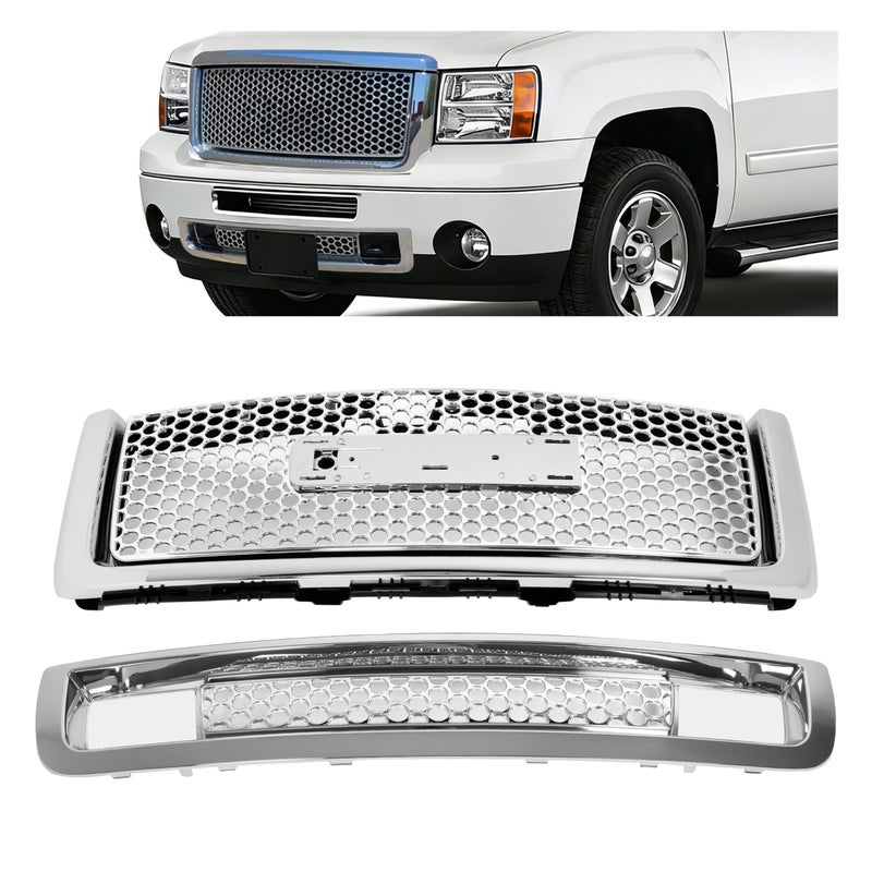 ALMULOO Front Grill Compatible with 2007-2013 GMC Sierra 1500 New Body Style Models Only Upper & Lower Bumper Grille Chrome Silvery - Image 1