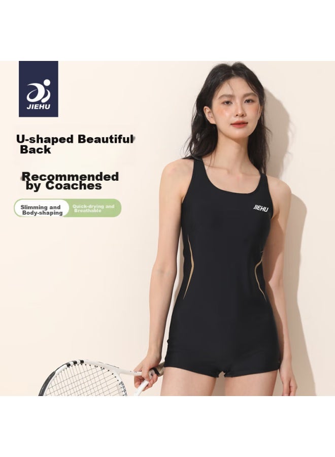Jiehu Women's One-piece Swimsuit, Square Leg, Professional Athletic, Slimming, Backless, Tummy-covering, Conservative Swimwear, Hot Spring Resort Swimwear