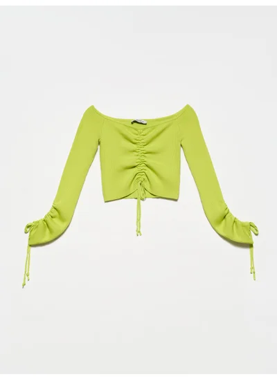 Dilvin 10192 Open Shoulder Drawstring Lace-Up Sweater-Lime