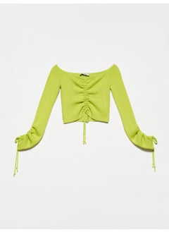 Dilvin 10192 Open Shoulder Drawstring Lace-Up Sweater-Lime  - Image 1