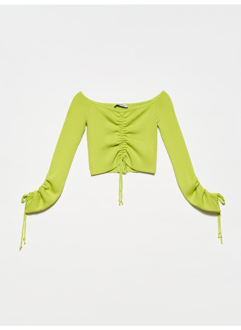 Dilvin 10192 Open Shoulder Drawstring Lace-Up Sweater-Lime  - Image 1