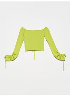Dilvin 10192 Open Shoulder Drawstring Lace-Up Sweater-Lime  - Image 2