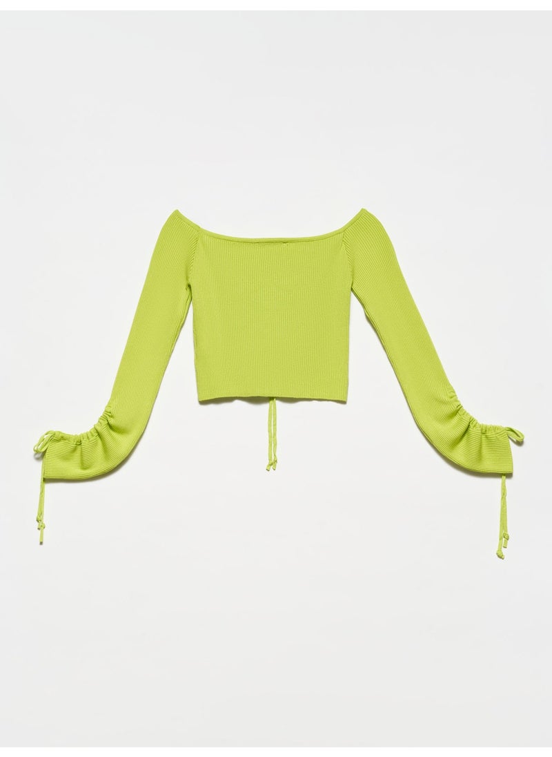 Dilvin 10192 Open Shoulder Drawstring Lace-Up Sweater-Lime  - Image 2