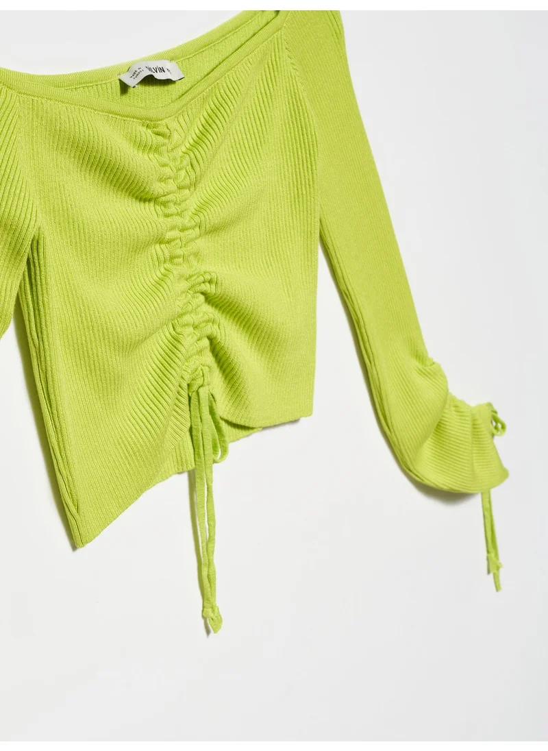 Dilvin 10192 Open Shoulder Drawstring Lace-Up Sweater-Lime