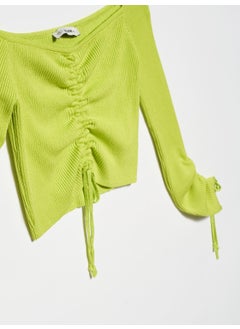 Dilvin 10192 Open Shoulder Drawstring Lace-Up Sweater-Lime  - Image 3