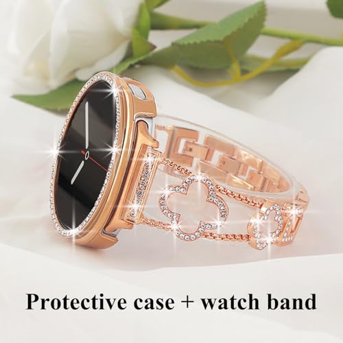 Alociaga Bling Band with Case Compatible for Samsung Galaxy Watch 8 40mm 44mm, Women Diamond Leaf Clover Metal Bracelet Rhinestone Strap with Protector Case(RoseGold,40mm) - Image 3