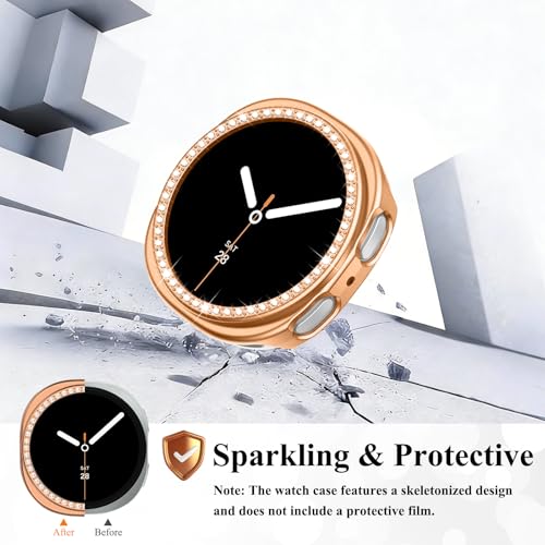 Alociaga Bling Band with Case Compatible for Samsung Galaxy Watch 8 40mm 44mm, Women Diamond Leaf Clover Metal Bracelet Rhinestone Strap with Protector Case(RoseGold,40mm) - Image 5