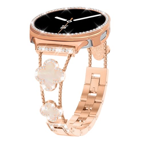 Alociaga Bling Band with Case Compatible for Samsung Galaxy Watch 8 40mm 44mm, Women Diamond Leaf Clover Metal Bracelet Rhinestone Strap with Protector Case(RoseGold,40mm) - Image 1