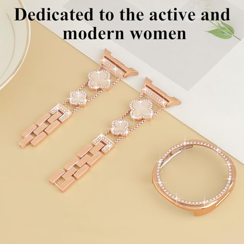 Alociaga Bling Band with Case Compatible for Samsung Galaxy Watch 8 40mm 44mm, Women Diamond Leaf Clover Metal Bracelet Rhinestone Strap with Protector Case(RoseGold,40mm) - Image 4