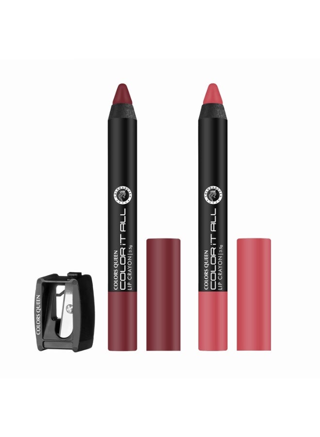 Colors Queen Color It All Long Lasting Crayon Lipstick 3.5g|Up to 18 Hours Stay | Lipstick Combo for Women | Matte Finish | Light Weight | Kiss Proof & Non-Transferable Lipstick (Plum House & Peach Love 3.5g) - Image 1