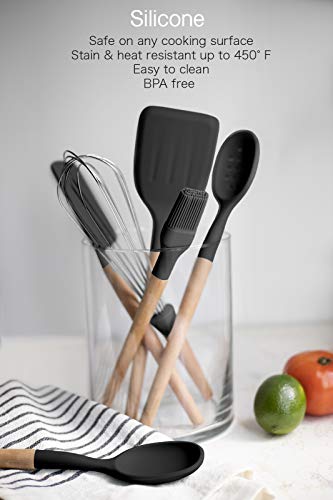 Country Kitchen طقم أدوات مطبخ غير لاصقة من السيليكون مع مقابض خشبية مدورة للطهي والخبز، 6 قطع، أسود - Image 4