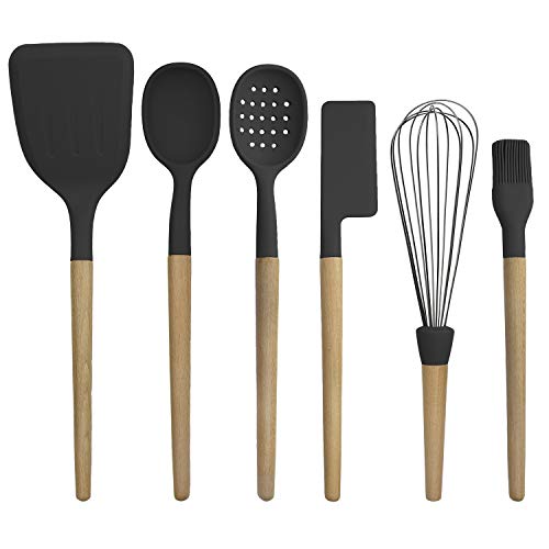 Country Kitchen طقم أدوات مطبخ غير لاصقة من السيليكون مع مقابض خشبية مدورة للطهي والخبز، 6 قطع، أسود - Image 1