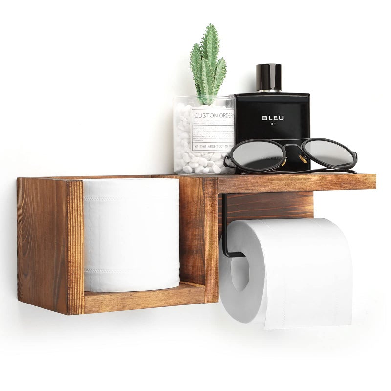 AKKO Wooden Toilet Paper Holder Wall Mount with Shelf - Farmhouse Bathroom Storage Rack for Tissue Rolls  Rustic Bathroom Decor Brown - Image 1