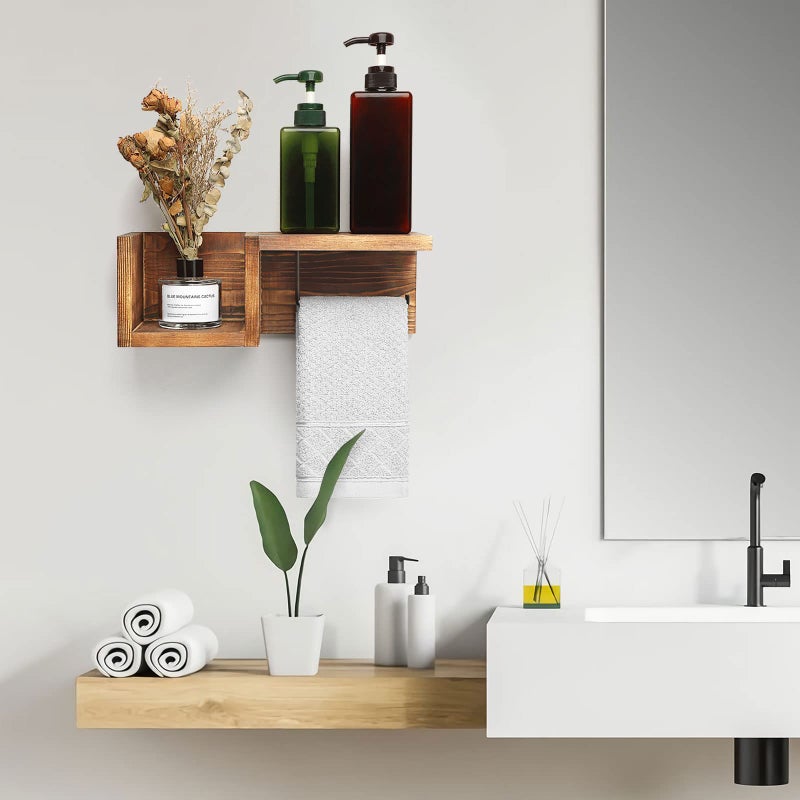 AKKO Wooden Toilet Paper Holder Wall Mount with Shelf - Farmhouse Bathroom Storage Rack for Tissue Rolls  Rustic Bathroom Decor Brown - Image 4