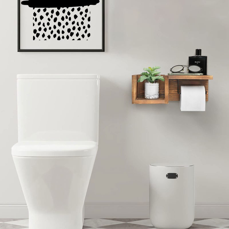 AKKO Wooden Toilet Paper Holder Wall Mount with Shelf - Farmhouse Bathroom Storage Rack for Tissue Rolls  Rustic Bathroom Decor Brown - Image 3