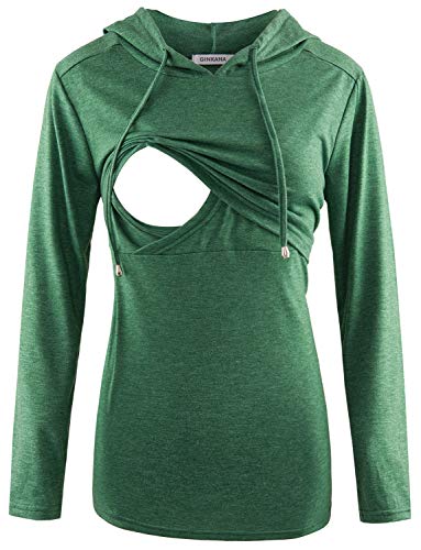GINKANA Women's Maternity Nursing Shirts Top Long Sleeves Breastfeeding Maternity Tops Casual Clothes with Kangaroo Pocket,L Green - Image 1