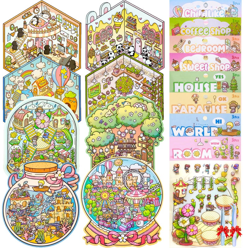 QIYEELOO DIY 3D Sticker Scene8 Sets Pack500 Reusable Sticker Book Cute Sets for Free Combination Cute Waterproof for Anywhere Crafts Party Favors Birthday Gift - Image 2