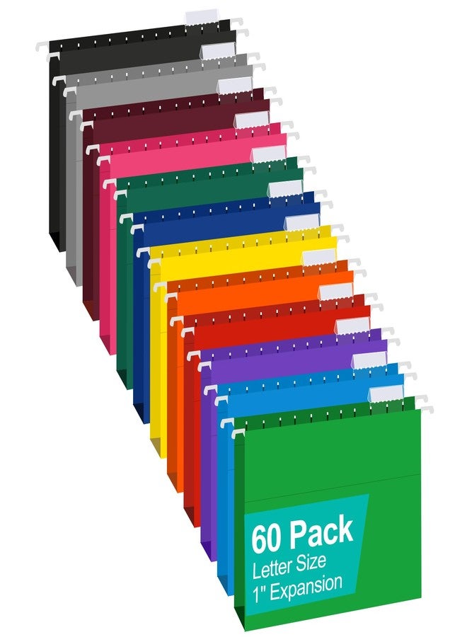 HERKKA Extra Capacity Hanging File Folders, 60 Pack Reinforced Letter Size Hanging Folders with Heavy Duty 1 Inch Expansion, Designed for Bulky Files, Medical Charts, 12 Assorted Colors - Image 1
