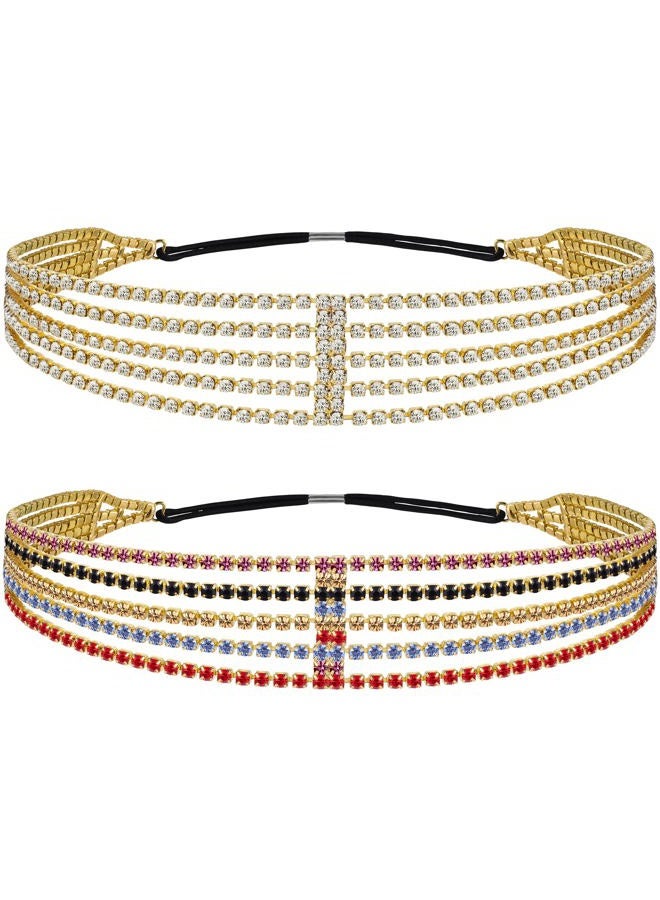 ANCIRS 2 Pack Multi Layered Elastic Headband for Women, Adjustable Rhinestone Bridal Headpieces, Stretchy Crystal Jewelry Hair Bands Accessories for Girls - Image 1