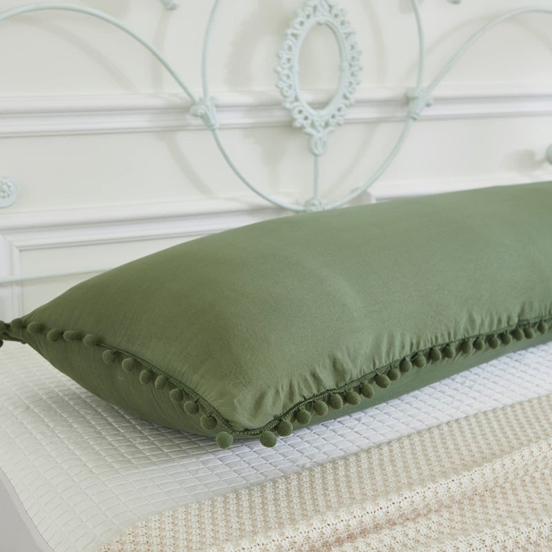 MOVE OVER Olive Green Body Pillow Cover 20x54 Inches Cute Pom Poms Fringe Decor Green Body Pillow Cover with Pocket Closure
