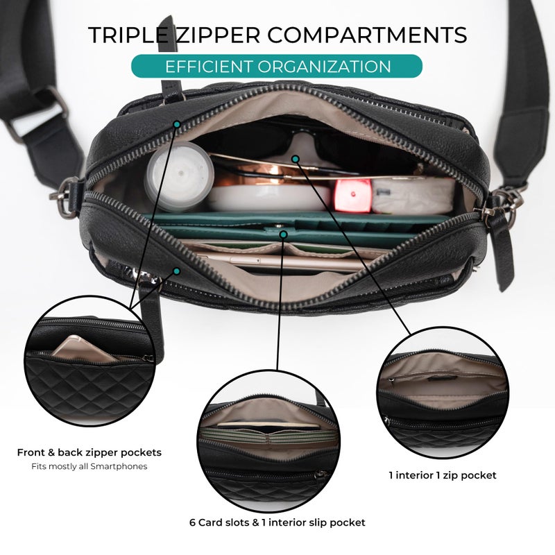 Alldaily Small Triple Zip Crossbody Purse for Women, Vegan Leather Phone Bag with Wide Shoulder Strap - Image 4