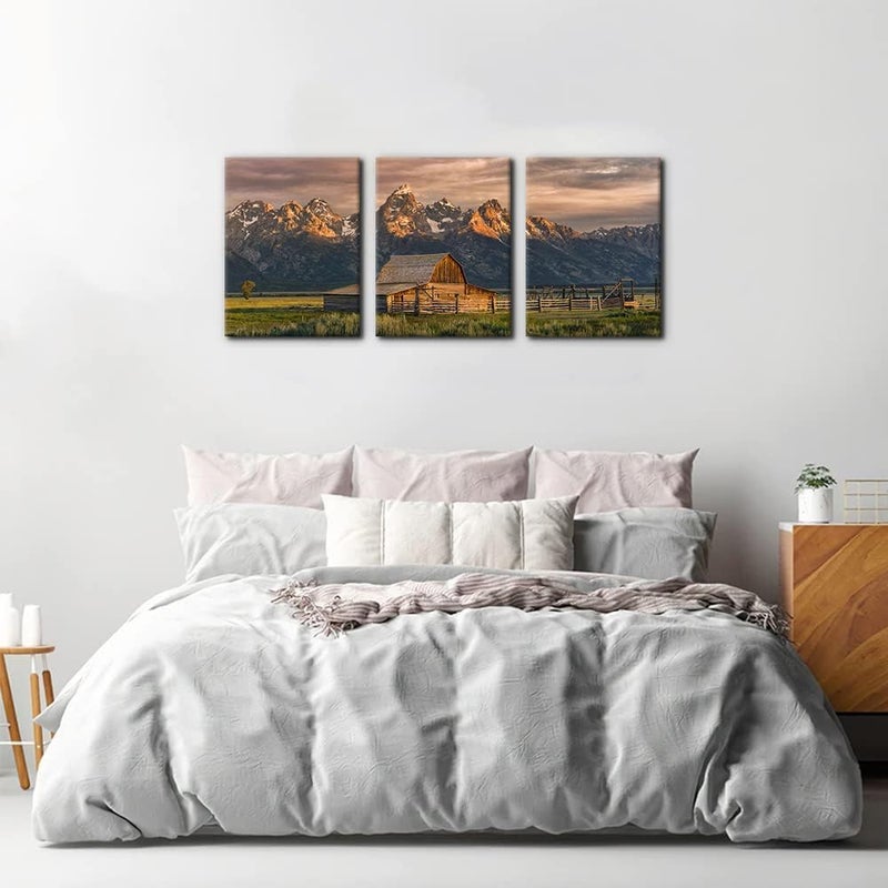 Pacimo Country Paintings for Wall Grand Canyon Picture Art Nature Landscape Artwork 3 Pieces Log Cabin Modern Wall Art Giclee Home Decorations for Living Room Framed Ready to Hang - 12" x 16" x 3 - Image 3