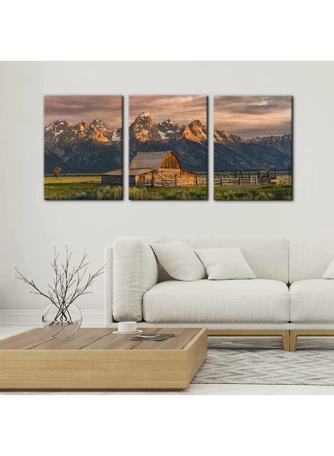 Pacimo Country Paintings for Wall Grand Canyon Picture Art Nature Landscape Artwork 3 Pieces Log Cabin Modern Wall Art Giclee Home Decorations for Living Room Framed Ready to Hang - 12" x 16" x 3 - Image 2