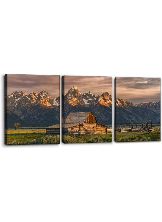 Pacimo Country Paintings for Wall Grand Canyon Picture Art Nature Landscape Artwork 3 Pieces Log Cabin Modern Wall Art Giclee Home Decorations for Living Room Framed Ready to Hang - 12" x 16" x 3 - Image 1