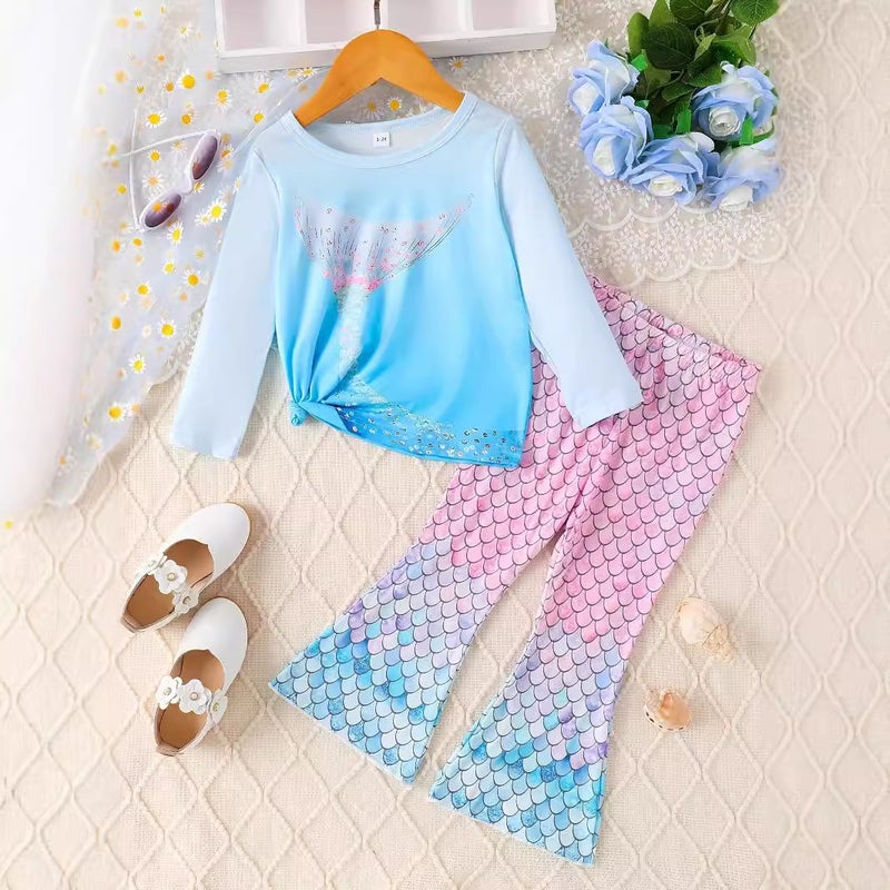 Ins Small And Medium-Sized Girls' Spring & Fall Mermaid Design Long-Sleeved Tops And Bell-Bottom Pants Suits Trendy - Image 2