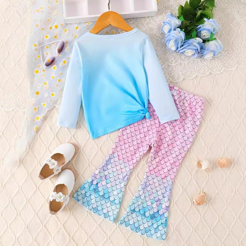 Ins Small And Medium-Sized Girls' Spring & Fall Mermaid Design Long-Sleeved Tops And Bell-Bottom Pants Suits Trendy - Image 3