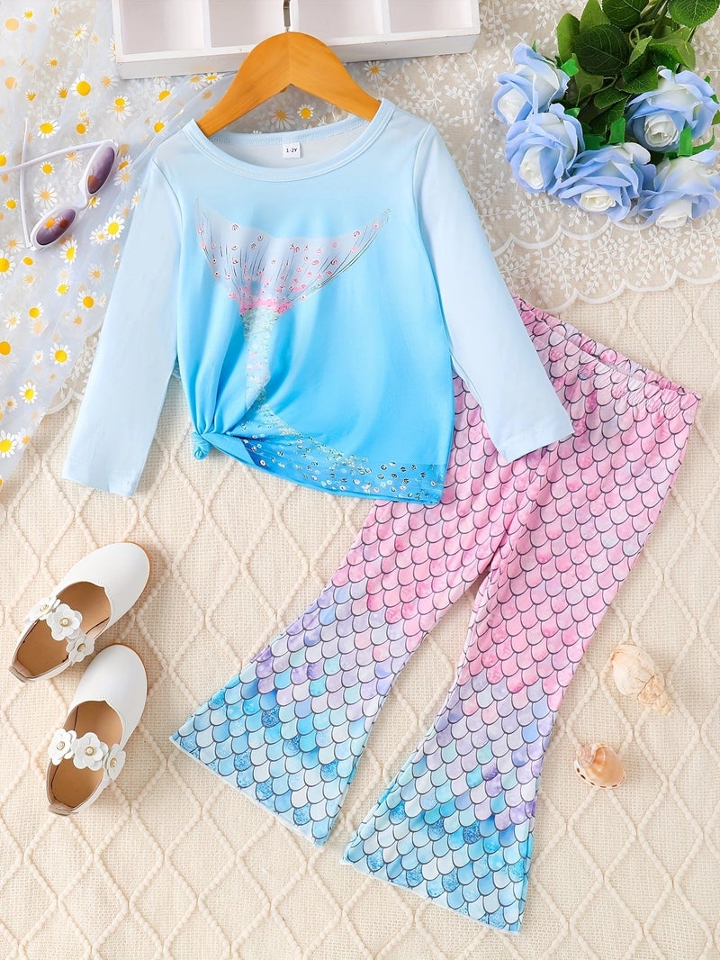 Ins Small And Medium-Sized Girls' Spring & Fall Mermaid Design Long-Sleeved Tops And Bell-Bottom Pants Suits Trendy - Image 1