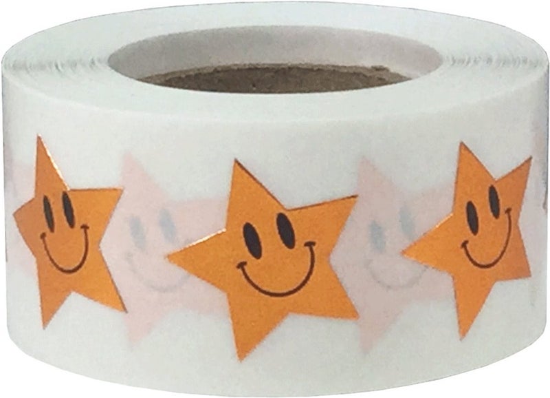 InStockLabels.com Metallic Bronze Happy Face Star Shape Stickers 0.75 Inch 500 Adhesive Labels - Image 1