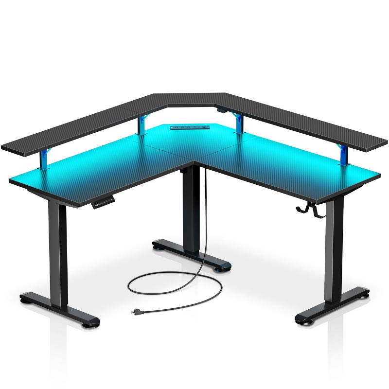 Rolanstar Standing Desk L Shaped with LED Light and Power Outlet Electric Height Adjustable Desk with Monitor Stand Carbon Fiber
