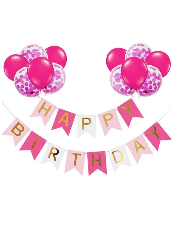 Pink Happy Birthday Decoration Supplies Girls Happy Birthday Banner Bunting 20 Pack 12 Inch Large Latex Pink Confetti Balloons - Image 1