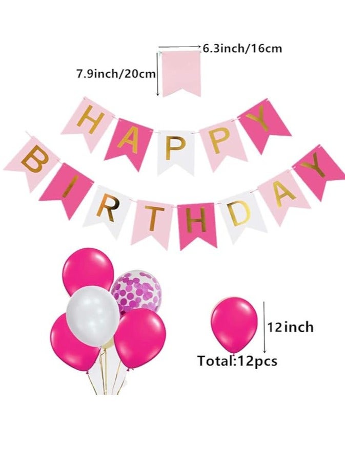 Pink Happy Birthday Decoration Supplies Girls Happy Birthday Banner Bunting 20 Pack 12 Inch Large Latex Pink Confetti Balloons - Image 2