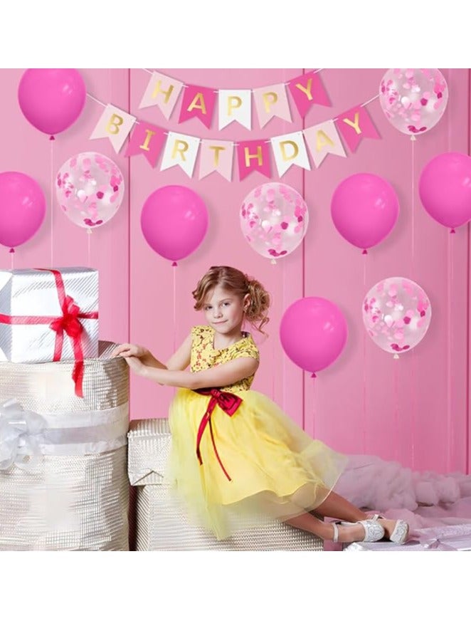 Pink Happy Birthday Decoration Supplies Girls Happy Birthday Banner Bunting 20 Pack 12 Inch Large Latex Pink Confetti Balloons - Image 3