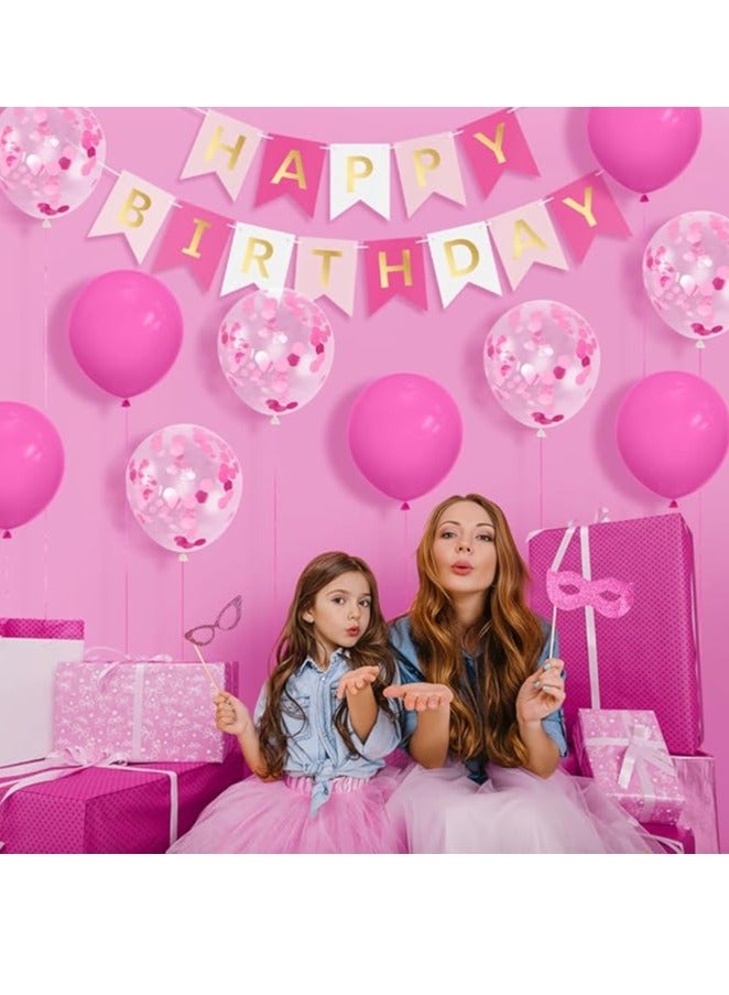 Pink Happy Birthday Decoration Supplies Girls Happy Birthday Banner Bunting 20 Pack 12 Inch Large Latex Pink Confetti Balloons - Image 4