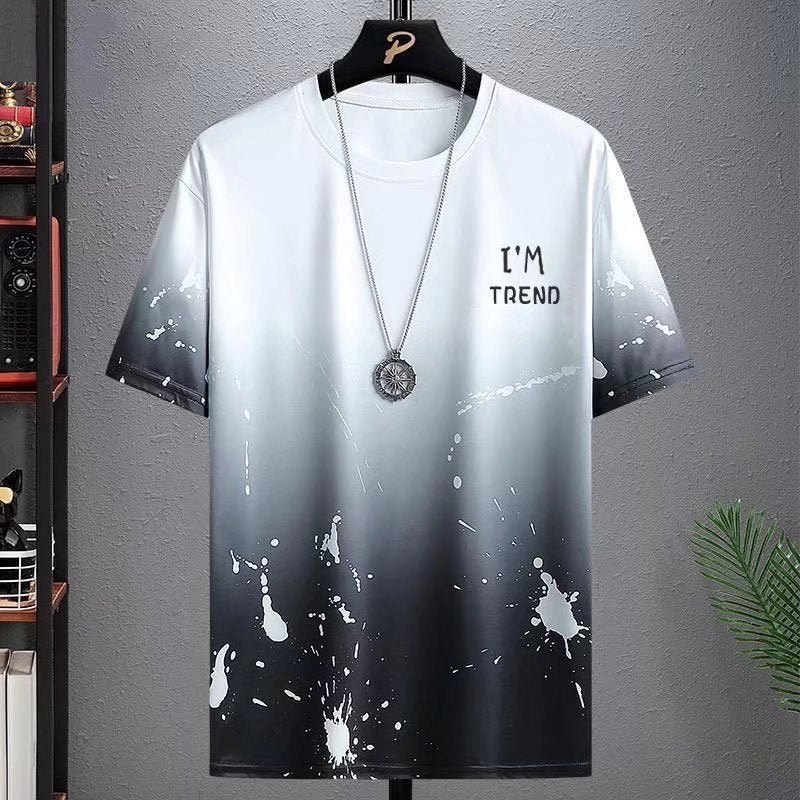 New Quick-drying Ice Silk Gradient suit Mens Short-sleeved T-shirt Summer Casual Shorts Sports Two-piece Handsome Mens Wear Splash-ink-gray single top