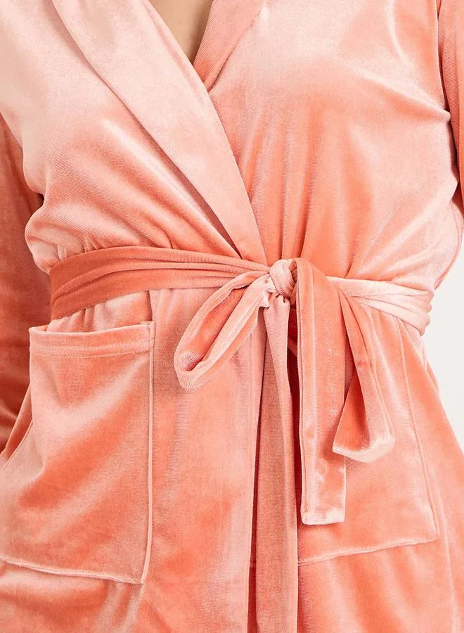 Styli Velour Belted Tie Front Wrap Shirt & Pyjama Set