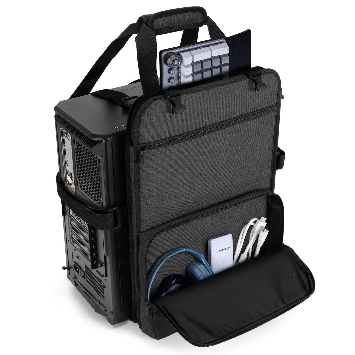 Trunab PC Tower Carrying Strap with Handle, Desktop Carrying Case with Pockets for Keyboard, Cable and Computer Accessories, Ideal for Transporting On The Go (Patented Design)