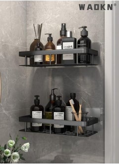 WAOKN 2 Pieces Bathroom Shower Shelf,Bathroom Organizer Shower Caddy Shelf,Bathroom Storage Shelf Wall Shelf,No Drilling wall mounted Shower Shelves Kitchen Non Perforated Storage Shelves Black  - Image 1