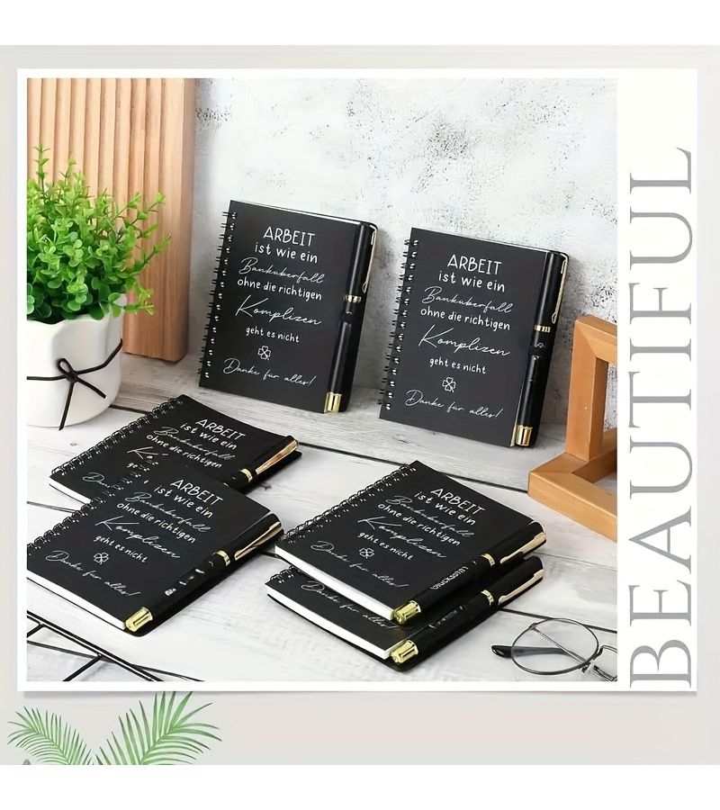 6 Sets Thank You Gift German Colleagues Motivational Notebooks Engraved Lucky Pens Black - Image 2
