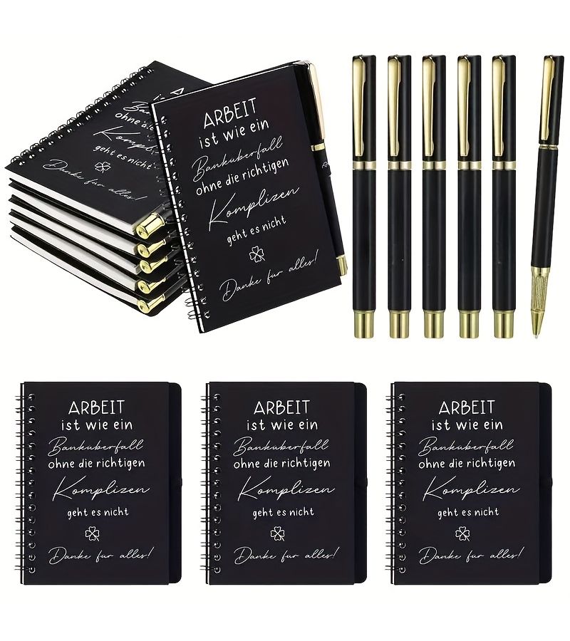 6 Sets Thank You Gift German Colleagues Motivational Notebooks Engraved Lucky Pens Black - Image 1