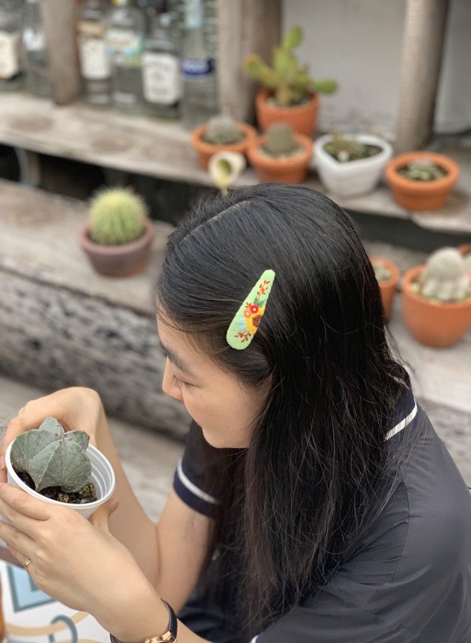 ETA Handmade Embroidered Hair Clips - Green Fabric Snap Barrettes with Sunflower & Floral Design (2-Pack), Vintage Hair Accessories for Women & Girls, Unique Gift for Everyday & Special Occasions, HC16 - Image 5
